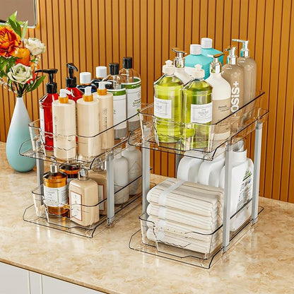 SuoXing 2 Pack 2 Tier Under Cabinet Bathroom Storage,Large 12.4″ Deep Under Sink Organization With Dividers,Clear Pull Out Organizers for Kitchen,Undersink Storage for Hair Products,Towel and Makeup