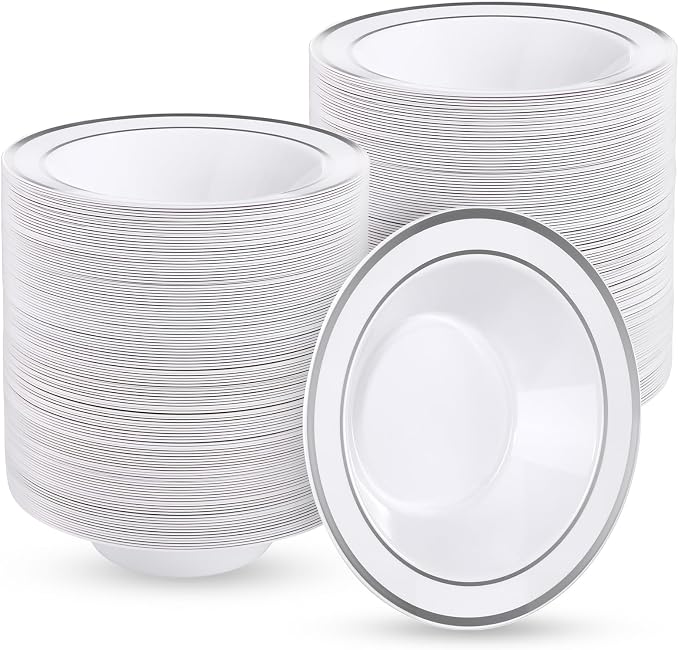 Goodluck 300 Pack Plastic Bowls with Silver Rim, 12oz Disposable Soup Bowls, Heavy Duty Dessert Bowls for Weddings, Parties, Dinners, Catering, and Everyday Use