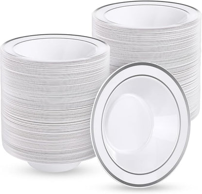 Goodluck 300 Pack Plastic Bowls with Silver Rim, 12oz Disposable Soup Bowls, Heavy Duty Dessert Bowls for Weddings, Parties, Dinners, Catering, and Everyday Use