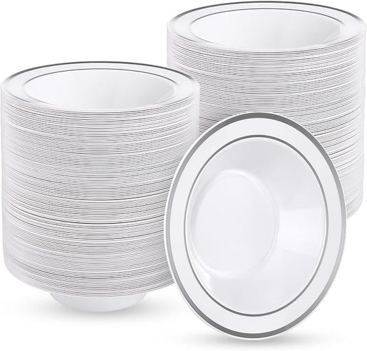 Goodluck 300 Pack Plastic Bowls with Silver Rim, 12oz Disposable Soup Bowls, Heavy Duty Dessert Bowls for Weddings, Parties, Dinners, Catering, and Everyday Use