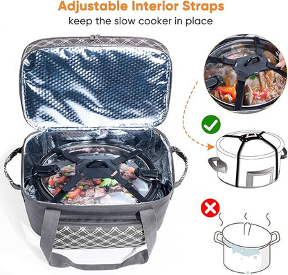 Double Layer Slow Cooker Carrier Bag – Fits 6–8 Qt Oval Slow Cooker Compatible with CrockPot & Hamilton Beach | Insulated Travel Tote with Utensil Storage & Adjustable Straps