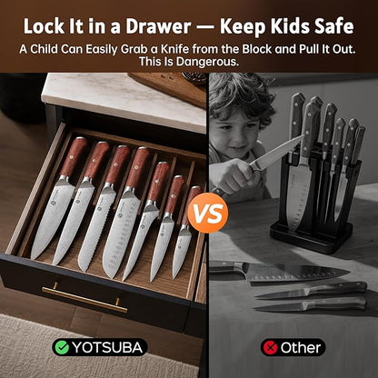 YOTSUBA 7PCS Japanese Kitchen Knife Set with Genuine Natural Rosewood Ergonomic Handle & Gift Box, Professional Ultra Sharp High Carbon Stainless Steel Knives for Cooking