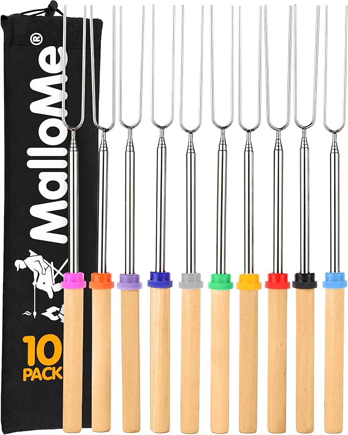 MalloMe Smores Sticks for Fire Pit - Accessories for Campfire Marshmallow Roasting Sticks Smores Kit Outdoor - Smore Skewers Hot Dog Fork For Outside, Camping Essentials Bonfire Gear Long 32" 10 Pack