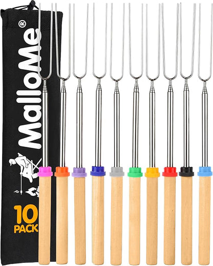 MalloMe Smores Sticks for Fire Pit - Accessories for Campfire Marshmallow Roasting Sticks Smores Kit Outdoor - Smore Skewers Hot Dog Fork For Outside, Camping Essentials Bonfire Gear Long 32" 10 Pack