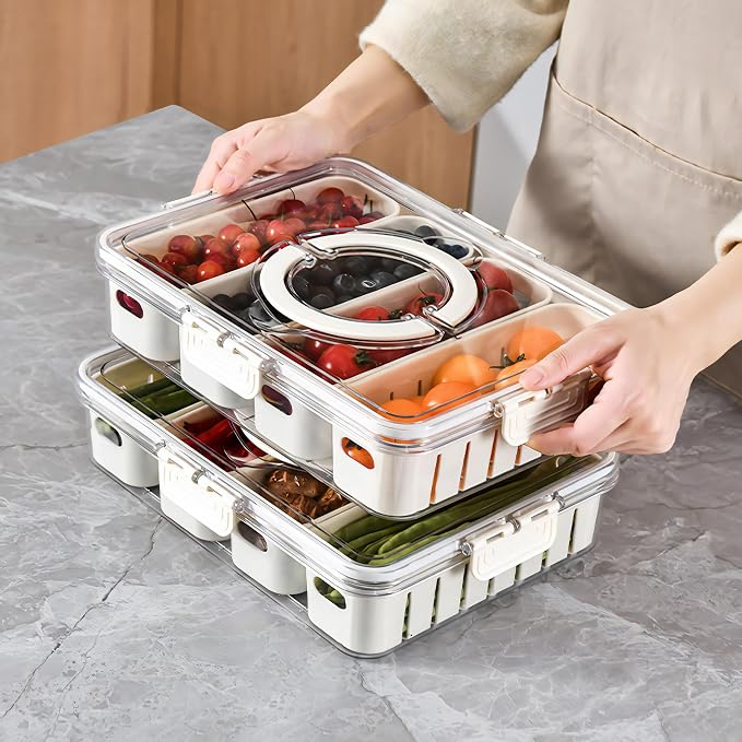 2Pack Divided Snackle Box with Lids Stackable Food Serving Tray for Fruit&Veggie Plastic Fridge Storage Container for Pantry Freezer Clear Snack Box for Meal Prep Candy Nuts Spice