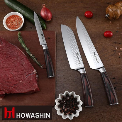 Kitchen Knife Set German Stainless Steel 3Pcs Knife Set High Carbon Chef Knife Ergonomic Colour Wood Handle With Finger Guard and Christmas Gift Box (Sliver)
