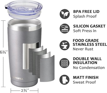 SUNWILL Travel Coffee Tumbler 20 oz, Insulated Mug with Lid, Stainless Steel Cup for Hot and Cold Drinks, Cool Grey