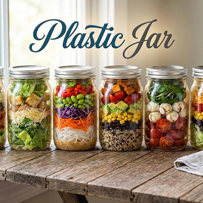 novelinks 32 oz Clear Plastic Jars with Lids, 12 Pack Large Plastic Mason Jars with Lids 32oz, Reusable Quart Containers for Kitchen Organization (12 Pack,Silver)