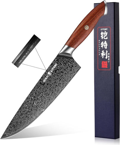 Kitory Chef Knife 8 Inch 73-Layer Damascus HC Steel Core Full Tang Red Sandalwood Handle Kitchen Knife Gift Box
