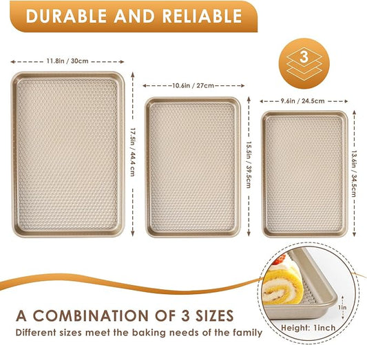 Baking Sheet Pan Set of 3, Nonstick Carbon Steel Cookie Sheets with Texture, Commercial Half/Quarter/Jelly Roll Pans Replacement Toaster Oven Tray, Heavy Duty & Easy Clean, Champagne Gold