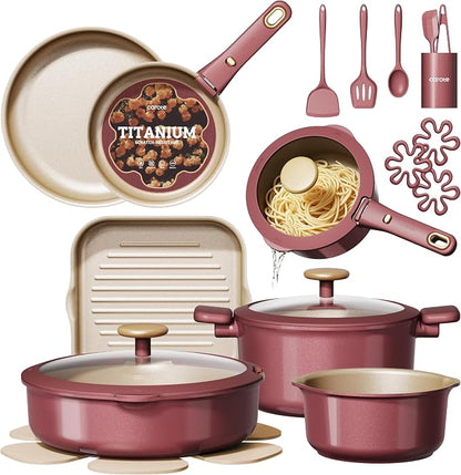 CAROTE 26 Pcs Pots and Pans Set, Nonstick Cookware Sets with Detachable Handle, Titanium Reinforced, Oven Safe, Cookware Non Stick Cooking Set w/Frying Pans & Saucepans Red(PFOS, PFOA Free)