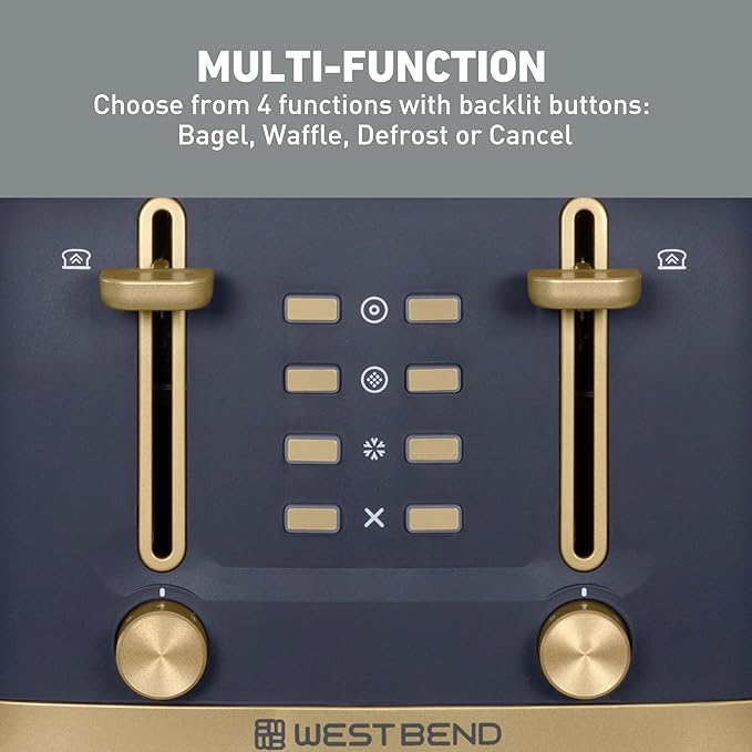 West Bend Timeless 4-Slice Toaster with 7 Browning Levels, Bagel/Waffle/Defrost Settings, High-Lift Lever, Anti-Jam, Easy-Clean Crumb Tray, 4-Slice, Blue/Gold