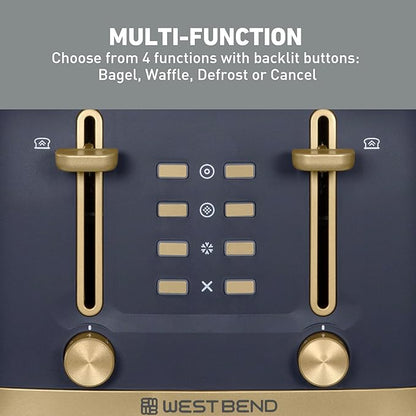 West Bend Timeless 4-Slice Toaster with 7 Browning Levels, Bagel/Waffle/Defrost Settings, High-Lift Lever, Anti-Jam, Easy-Clean Crumb Tray, 4-Slice, Blue/Gold