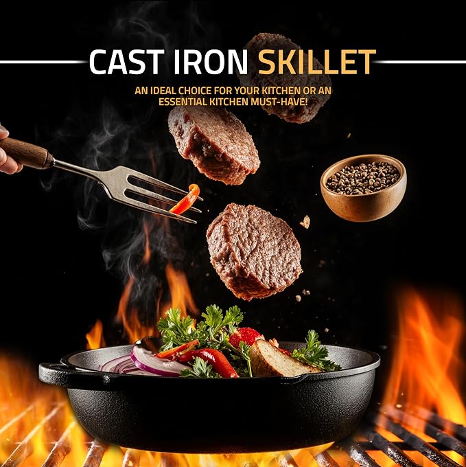 Utopia Kitchen Premium Cast Iron Skillets 12 Inch, Chef's Pan, PFAS-Free, Pre-Seasoned Frying Pan, Stovetop, Oven, Campfire and Grill Large Skillet, Even Heat Distribution Cast Iron Pan - Black