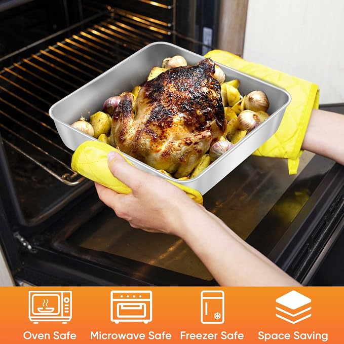 Herogo 8"x 8" Square Cake Pan, Stainless Steel Square Baking Pan, Cakes Brownie Lasagna Bakeware Set of 2, Healthy & Dishwasher Safe