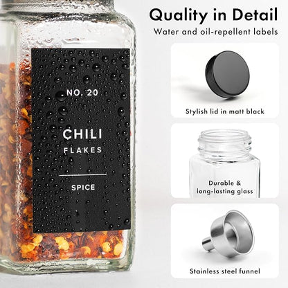 EDELHAUS Glass Spice Jars with Label and Black Lids (24 x 4oz) Spice Containers with 240 Labels, Shaker Inserts, Steel Funnel, Empty Square Seasoning Organizer for Spice Rack, Cabinet, Drawer