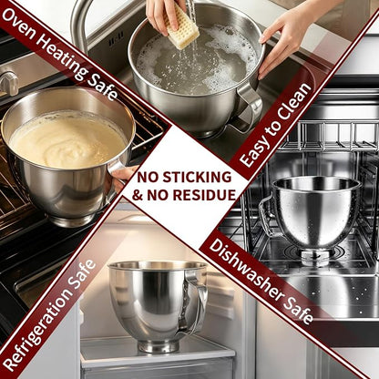 5QT Mixing Bowl for KitchenAid Stand Mixers, Compatible with Kitchen Aid 4.5-5 Qt Tilt-Head Stand Mixer, Food-Grade Stainless Steel Mixing Bowl with Handle & Clasp for Baking, Cooking & Dough Mixing