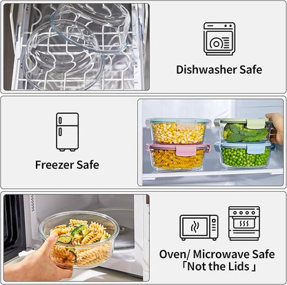 8 Pcs Round Glass Containers with Lids Airtight 4 Cup Glass Storage Containers Set Meal Prep Containers for Soup Leftover Microwave, Dishwasher, and Freezer Safe(4 Sets