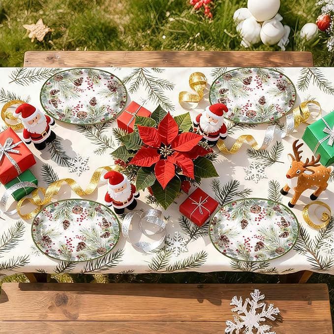 50Pcs Christmas Oval Paper Plates 10" x 12" Large Heavy Duty Watercolor Xmas Pine Cones Disposable Plates Winter Eucalyptus Holly Berry Dessert Platters for Merry Christmas Party Supplies Decor