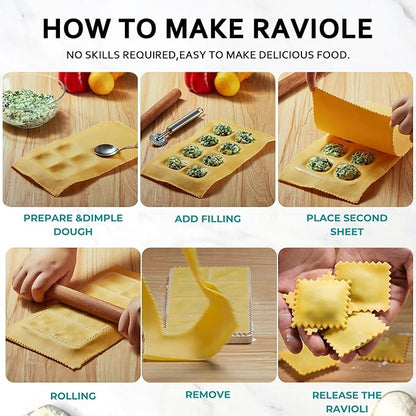 Ravioli Maker Press, Ravioli Press Mold Set - Squares Ravioli Stamp Maker Cutter with Wood Rolling Pin and Ravioli Wheel, Ravioli Stamp Pasta Making Tools | Makes 8 Ravioli, 1.85"
