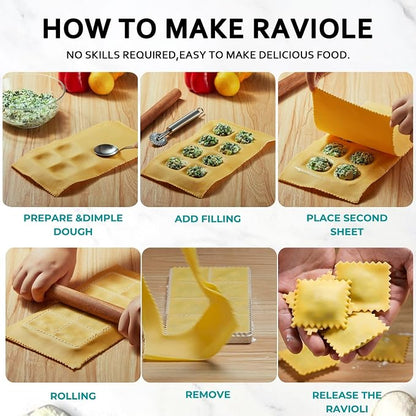 Ravioli Maker Press, Ravioli Press Mold Set - 1.85" Squares Ravioli Stamp Maker Cutter with Wood Rolling Pin, 2.6" Empanada Maker Press Kit and Ravioli Wheel, Makes 8 Ravioli