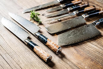 Tidal Collection 8 PCS Damascus Knife Set with stunning black resin and burl wood handles with your engravement.