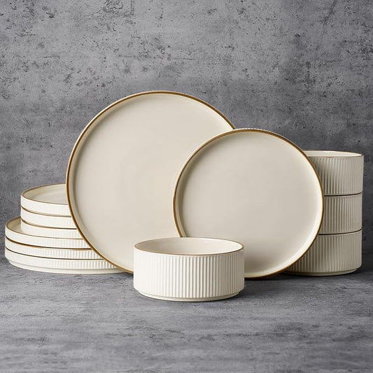 Famiware Star 12-Piece Stoneware Dinnerware Sets with Trim, Service for 4, Ceramic Plates and Bowls Set, Modern Rustic Dishes, Everyday/Formal, Chip/Scratch Resistant, Microwave/Dishwasher Safe, Cream