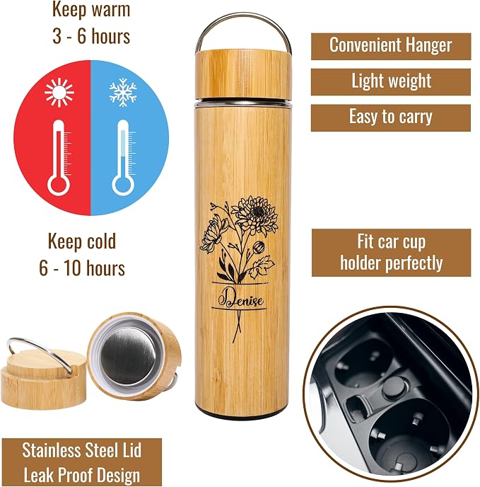 Personalized Gifts 15 oz Tea Tumbler Laser Engraving Bamboo Water Bottle Custom Name Birth Month Flower Gift for Mom, Birthday Gifts, Family