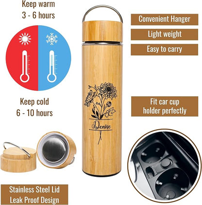 Personalized Gifts 15 oz Tea Tumbler Laser Engraving Bamboo Water Bottle Custom Name Birth Month Flower Gift for Mom, Birthday Gifts, Family
