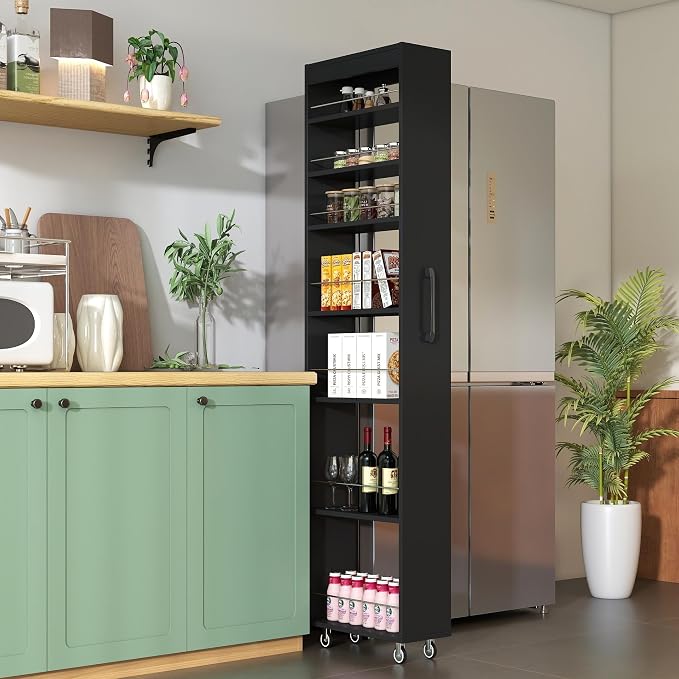 Slim Rolling Storage Cart, 7-Tier Pull-Out Spice Rack with Handle & Wheels, Narrow Kitchen Organizer for Next to Fridge, Pantry, Laundry Room, 7.87 Inch Wide Space Saver （Black,Exposed Wheels