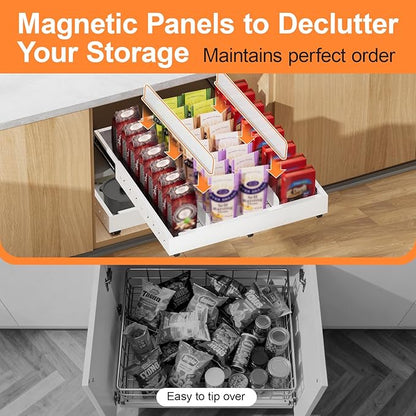 Pull out Cabinet Organizer Expandable W(12"-20") and D(16"-22"), No Drill Adjustable Slide Out Drawers With 3 Slide Rails, 2Pcs Magnetic Panel, Adhesive Roll out Shelves for Kitchen, Cabinets, Pantry
