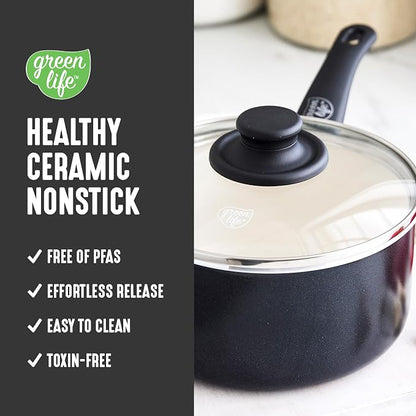 GreenLife 2.5QT Nonstick Saucepan with Glass Lid, Soft Grip, PFAS-Free Ceramic, Multipurpose Chef Pan, Milk & Sauce Cooking Pot, Dishwasher & Oven Safe to 350˚F, Stay-Cool Handle, Black