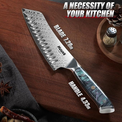 Huusk Japanese Santoku Knife 7" - Professional Chef Knife for Kitchen with Resin Handle, Stainless High Carbon Steel, Hand Sharpened All Purpose Kitchen Cooking Knives with Sheath,Men's Gift