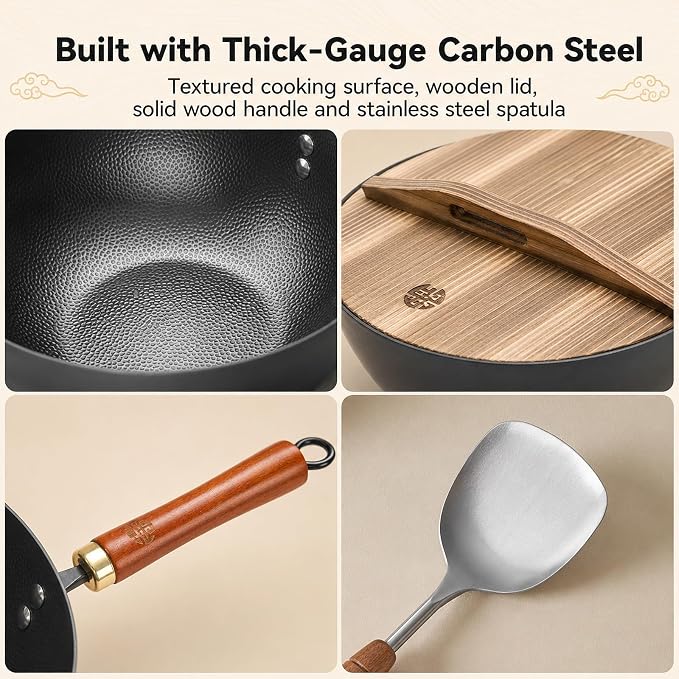 WANGYUANJI 8.7-Inch Carbon Steel Mini Wok, Flat Bottom Small Stir Fry Pan for 1–2 Servings, Uncoated Textured Wok for Gas, Electric, Ceramic & Induction Stoves, with Lid & Spatula
