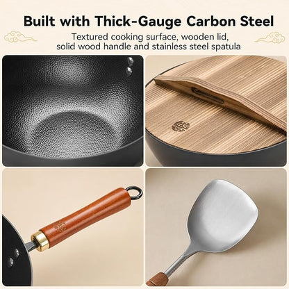 WANGYUANJI 8.7-Inch Carbon Steel Mini Wok, Flat Bottom Small Stir Fry Pan for 1–2 Servings, Uncoated Textured Wok for Gas, Electric, Ceramic & Induction Stoves, with Lid & Spatula