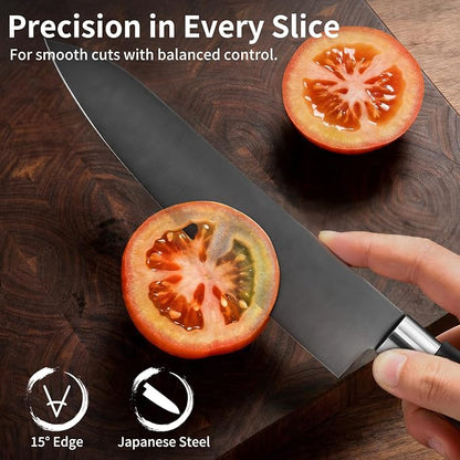 7 Inch Japanese Chef Knife, Made in Japan, High Carbon Molybdenum Stainless Steel Gyuto Knife with Granton Edge Titanium Coated Blade, Kitchen Knife for Slicing Meat