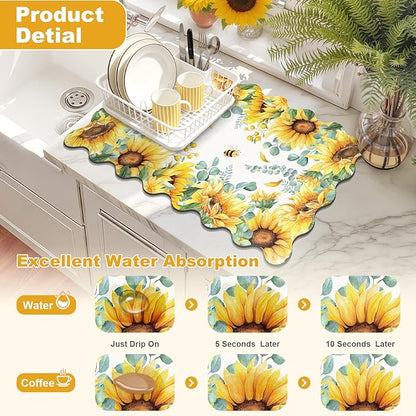LOKHOM Scalloped Floral Dish Drying Mat, 12"x20" Super Absorbent Coffee Mat with Watercolor Yellow Sunflowers, Cuttable Hide Stain Non-slip Drying Mat for Kitchen Counter Coffee Maker Espresso Machine