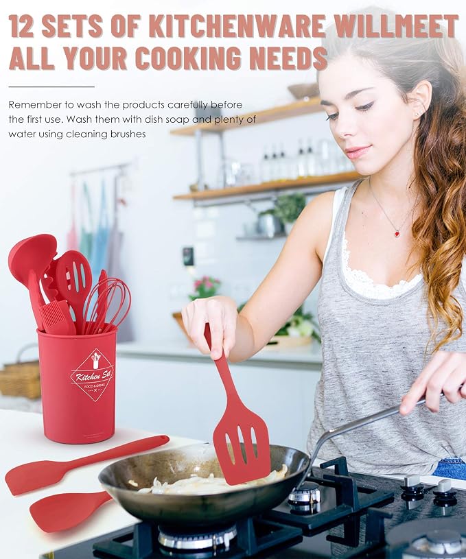 Pranski Kitchen Utensils Set-12 Pieces Silicone Cooking Utensils Set (Dishwasher Safe) 392°F Heat Resistant Spatula Set, Nonstick Cookware