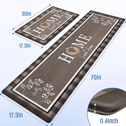 Kitchen Rugs, 2 PCS Kitchen Mats for Floor, Cushioned Non-Slip Anti Fatigue Mats for Kitchen Floor, Kitchen Runner Rugs for Standing Desk, Office, Laundry(17.3’’x 30’’+ 17.3’’x 70’’, Brown