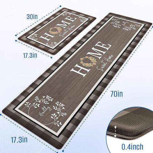 Kitchen Rugs, 2 PCS Kitchen Mats for Floor, Cushioned Non-Slip Anti Fatigue Mats for Kitchen Floor, Kitchen Runner Rugs for Standing Desk, Office, Laundry(17.3’’x 30’’+ 17.3’’x 70’’, Brown