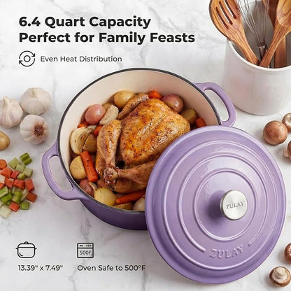 Zulay Kitchen 6.4QT Enameled Cast Iron Dutch Oven Pot with Lid, Heavy-Duty Soup Pot for Stews, Braising, Roasting & Sourdough Bread Baking, Oven Safe up to 500°F - Lavender Jade