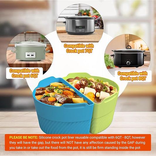 Silicone Slow Cooker Liners Compatible With Crock Pot 6-8 QT,Slow Cooker Divider Allows Cooking Two Different Meals At Once Time,(Green)