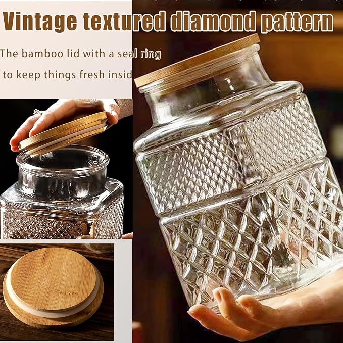 Viovian 60 OZ Vintage Glass Jar with Lid Wood Spoon Set of 2 Decorative Glass Storage Jars Airtight Lids Clear Canister Container for Food Candy Cookie Sugar Coffee Bean Tea Nuts Snack Dog Treat Vase