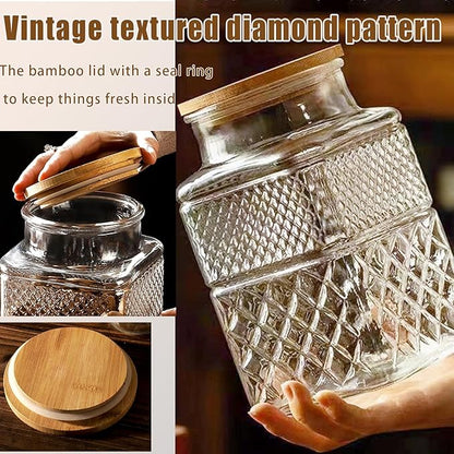 Viovian Large Glass Jar with Wood Lid and Spoon 60 OZ Square Thick Glass Storage Jars Airtight Lids Clear Decorative Vintage Canister for Food Candy Cookie Sugar Coffee Nuts Snack Dog Treat