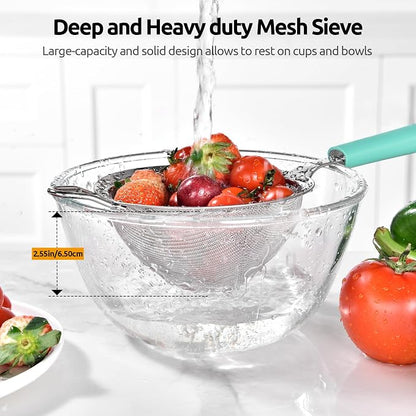 U-Taste Medium Fine Mesh Strainer: 18/8 Stainless Steel 4.73in 30 Mesh Kitchen Food Sieve with Sturdy Riveted Silicone Handle, Heavy Duty Deep Handheld Metal Colander for Rice, Quinoa, Flour(Aqua Sky)
