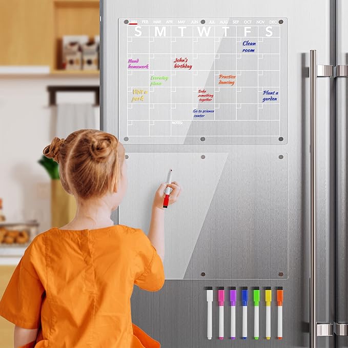 Neatsure Acrylic Magnetic Dry Erase Board Calendar for Fridge, Clear Monthly Planner and Memo Whiteboard for Refrigerator, w/ 8 Colors Markers, 15 x 11