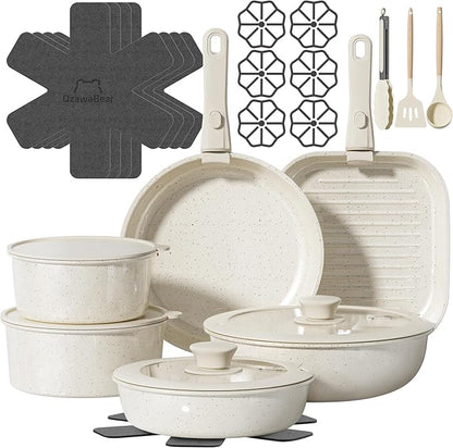26 Pcs Pots and Pans Set Non Stick, Ceramic Cookware Set Non Toxic with Detachable Handles, Healthy Induction Cookware Oven Safe RV Kitchen Set, PFAS PFOA & PTFE Free, Cream White