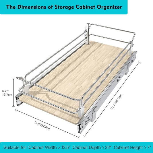 Pull Out Cabinet Organizer 11" W X 22" D, Slide Out Drawers For Kitchen Organizers and Storage, Pull Out Drawers For Cabinets Capacity Heavy Duty Caddy, Cabinet Shelves Wood Chrome, Pantry Storage