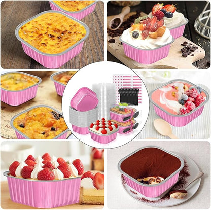 10oz Aluminum Foil Brownie Pans with Lids, 40 Pack Square Cake Pans, Disposable Ramekins Cupcake Cups Containers,Mini Cake Baking Pans,Large Muffin Tin Holder for Catering Gathering - Pink
