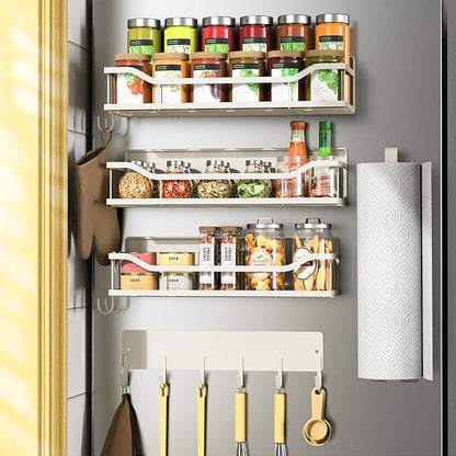 5 Pack Multifunctional Magnetic Shelves for Refrigerator Spice Rack & Washing Machine Organize, Include Paper Towel Holder, Kitchen Utensil Hanger and Hooks, Strong Magnet for Secure Hold (Cream)